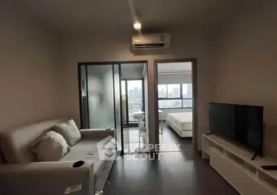 Modern apartment living room with city view and cozy bedroom