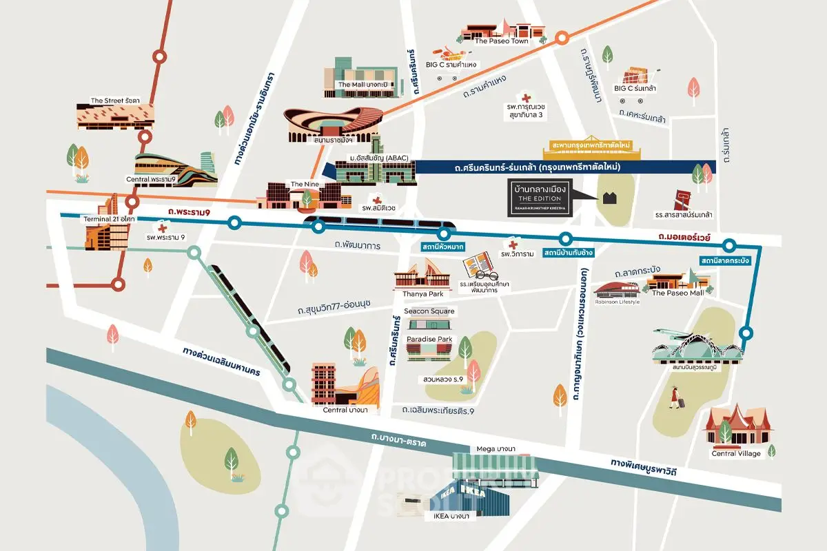 Illustrative map showcasing real estate locations and nearby amenities in a vibrant urban area.