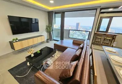 Luxurious living room with panoramic city view and modern furnishings