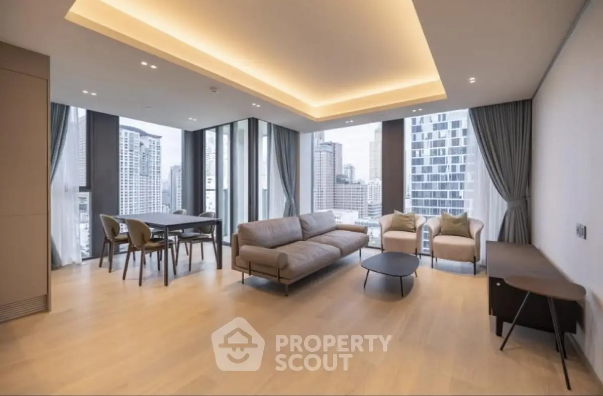 Luxurious modern living room with panoramic city views and elegant furnishings