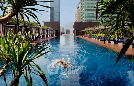 Luxurious rooftop pool with stunning cityscape views and lush greenery.