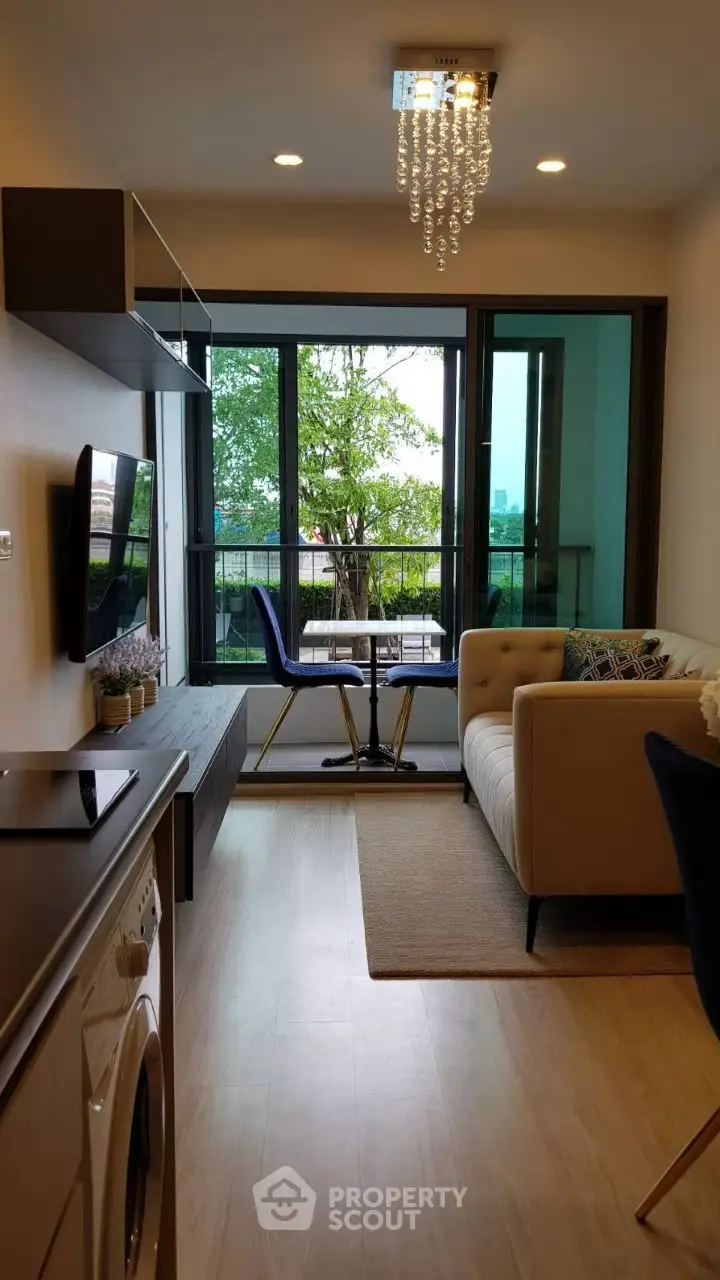 Chic modern living room with balcony view and stylish decor
