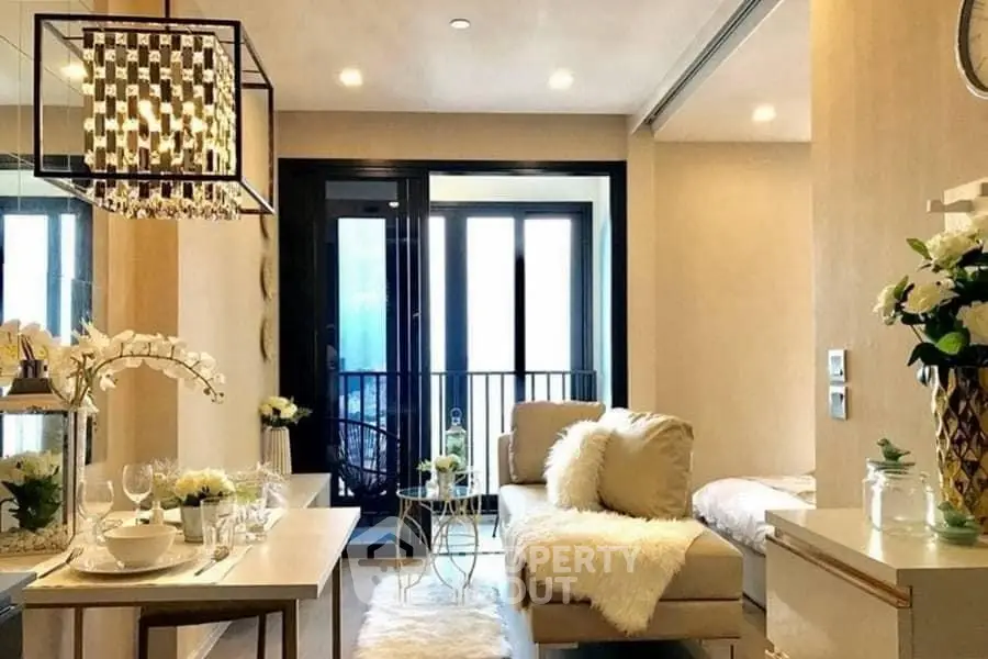 Luxurious modern living room with elegant decor and balcony view, perfect for urban living.