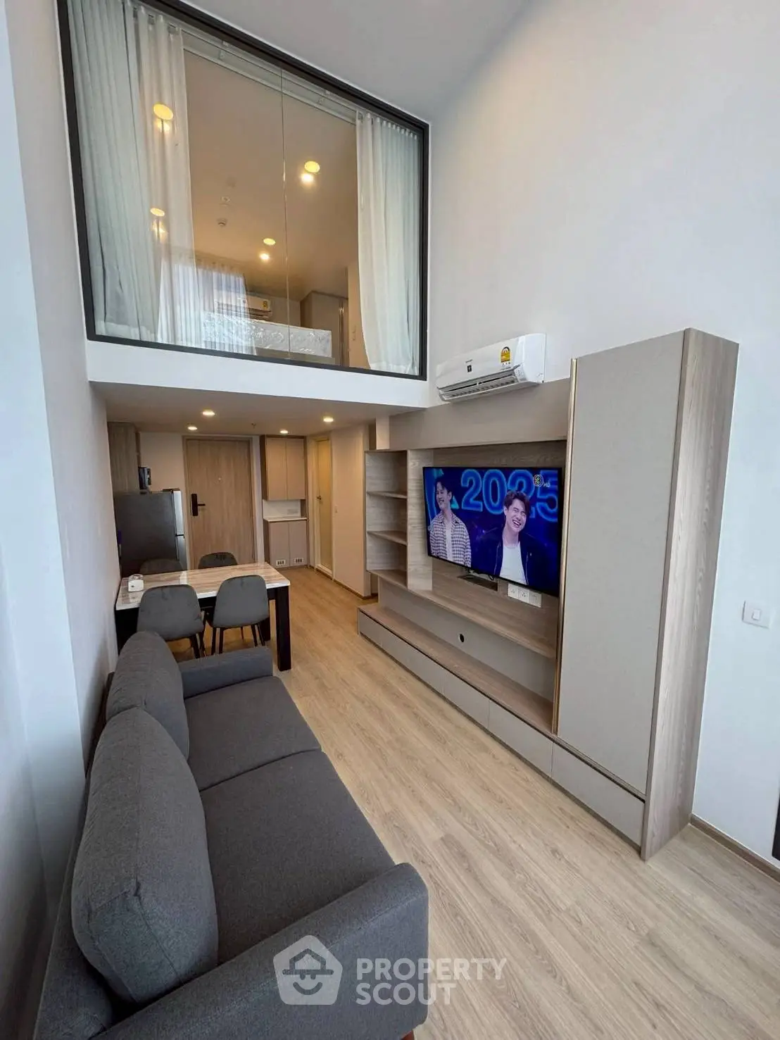 Modern duplex apartment with stylish living room and mezzanine bedroom