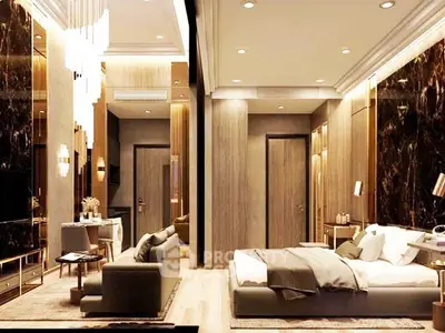 Luxurious modern bedroom with elegant decor and ambient lighting