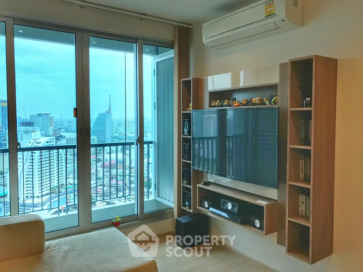 Modern living room with city view and stylish entertainment center