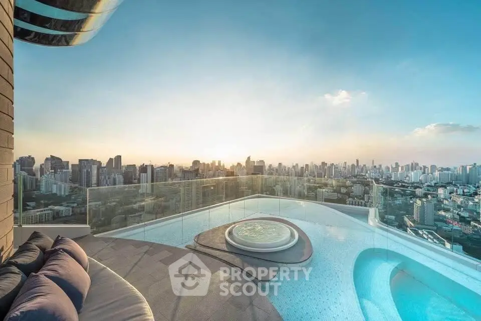 Luxurious rooftop pool with stunning city skyline view at sunset.