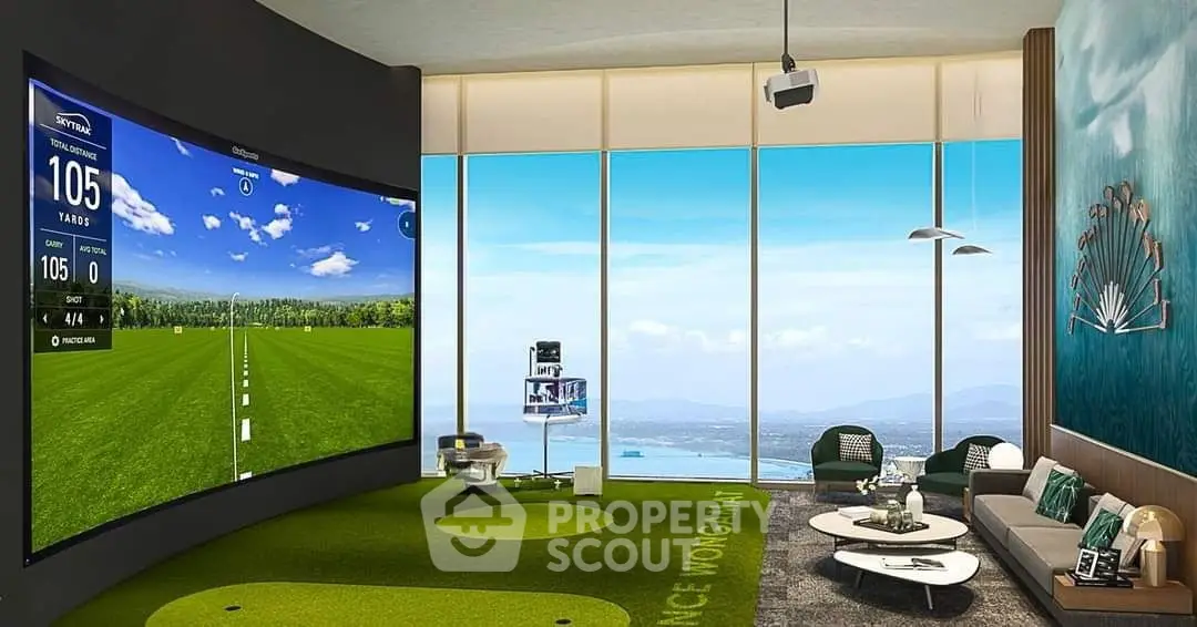 Luxurious living room with indoor golf simulator and stunning ocean view