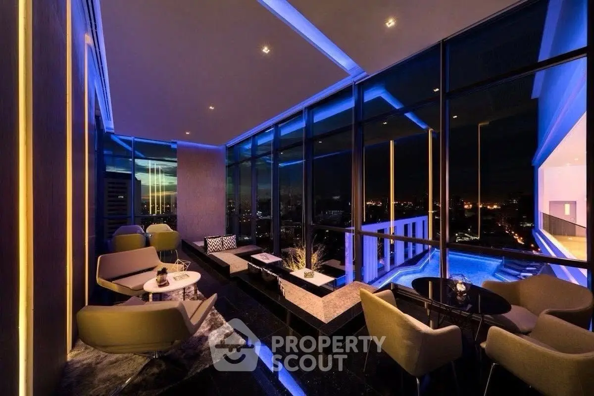 Luxurious modern living room with panoramic city views and elegant lighting