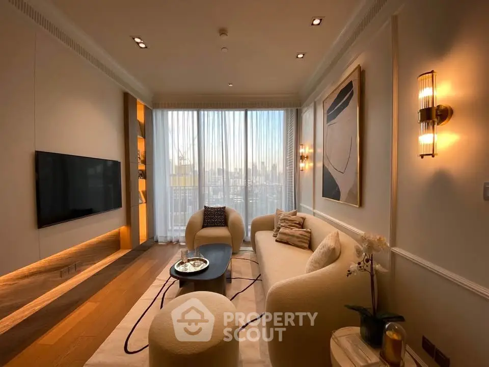 Luxurious living room with modern decor and city view, featuring elegant lighting and stylish furniture.