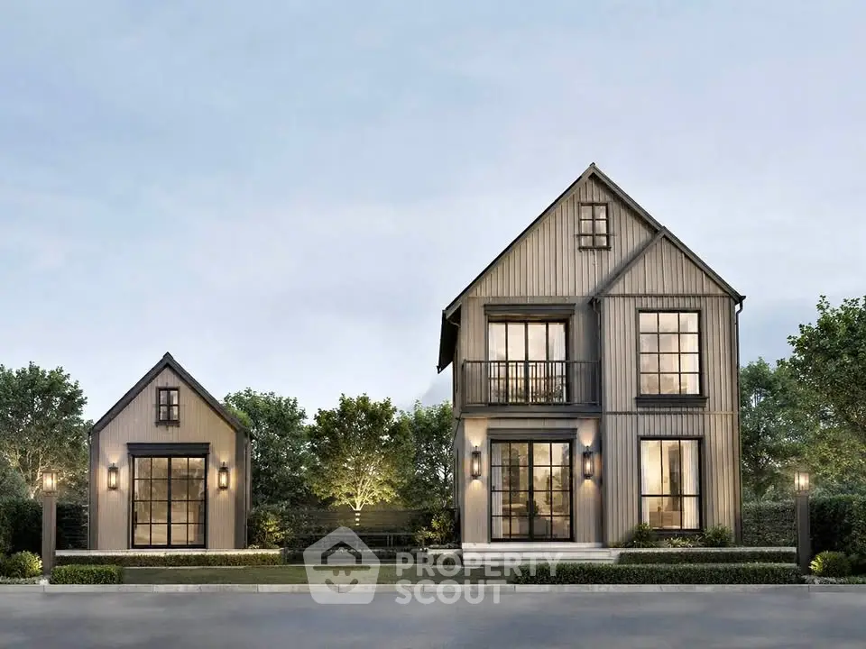 Charming modern farmhouse with lush landscaping and elegant exterior design.