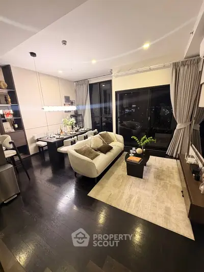 Luxurious modern living room with city view, elegant decor, and open dining area, perfect for urban living.