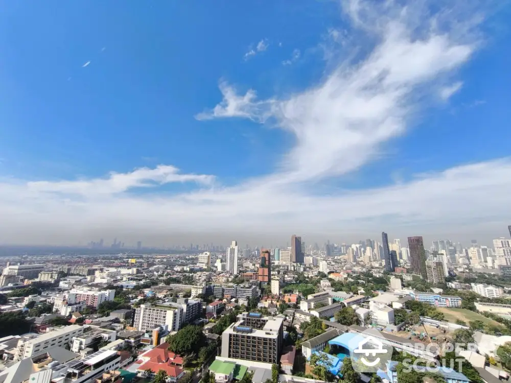 Stunning cityscape view with clear blue sky, showcasing urban skyline and vibrant city life.