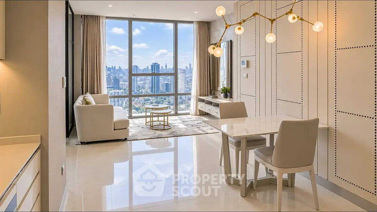 Luxurious modern living room with stunning city view, elegant furniture, and contemporary lighting.
