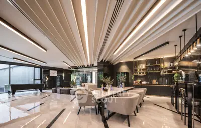 Luxurious modern living room with elegant dining area and stylish lighting