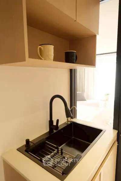 Modern kitchen sink with sleek black faucet and wooden cabinets in a cozy apartment setting.