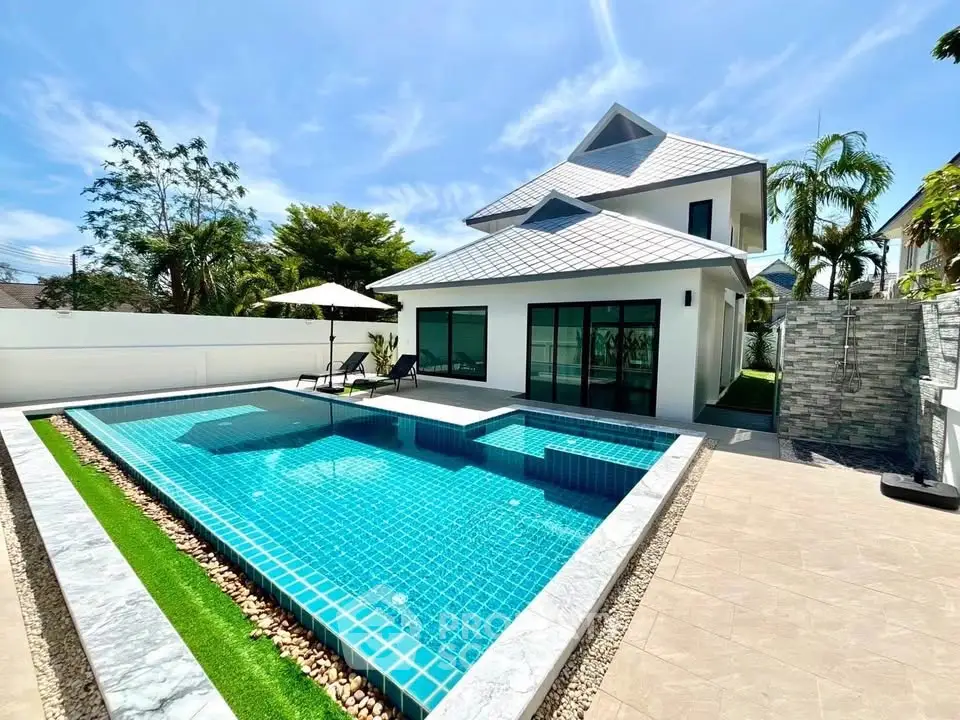 Luxurious modern villa with private pool and stunning architecture under a clear blue sky.