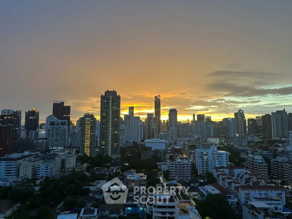 Stunning city skyline view at sunset showcasing urban high-rise buildings and vibrant sky.
