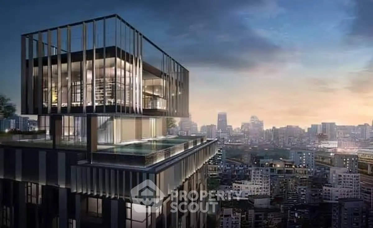 Luxurious modern rooftop apartment with stunning city skyline view at sunset.