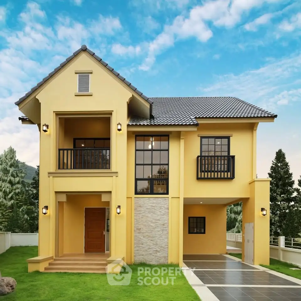 Stunning two-story yellow house with modern design and spacious driveway in a serene neighborhood.