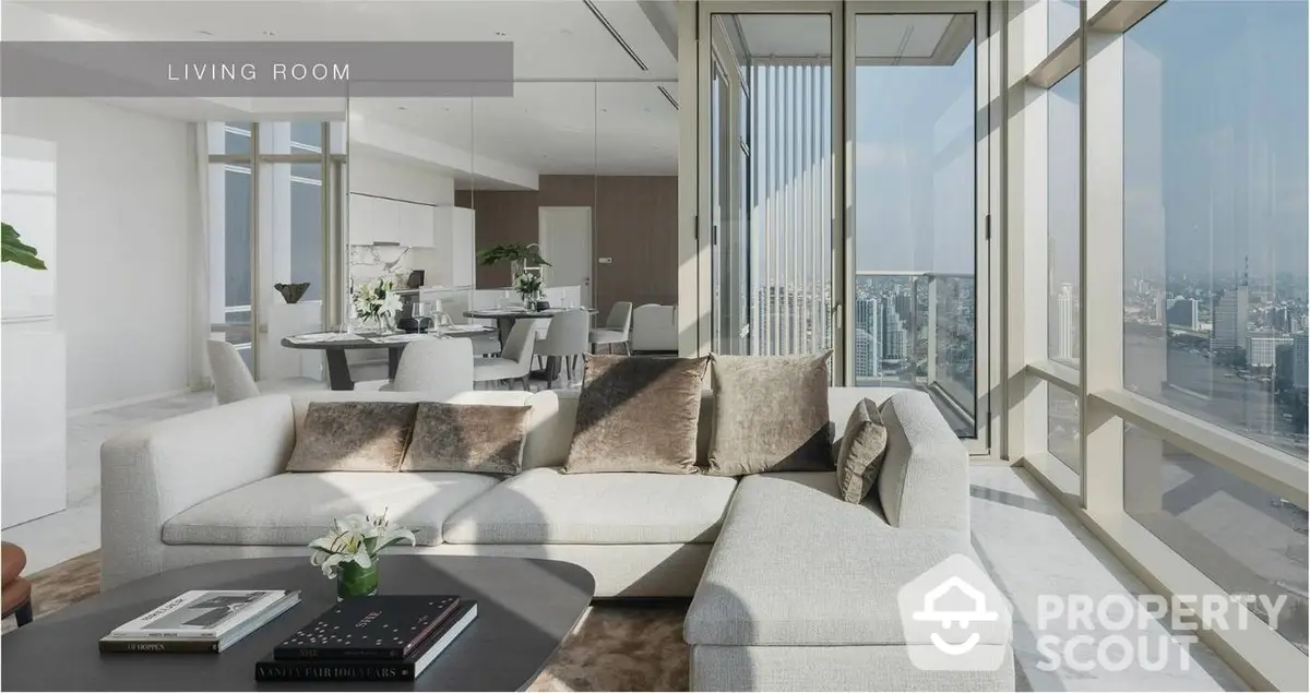 Sunlit high-rise living room with panoramic city views, featuring a modern sectional sofa, elegant decor, and floor-to-ceiling windows.