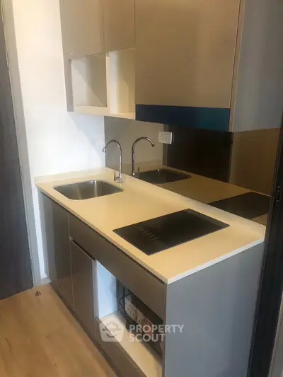Modern compact kitchen with dual sinks and sleek cabinetry