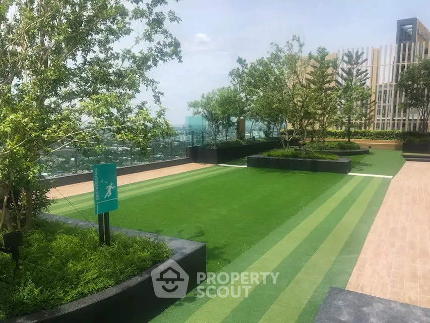 Luxurious rooftop garden with lush greenery and city views
