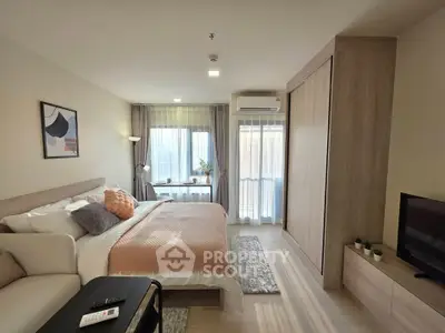 Modern bedroom with cozy decor and natural light