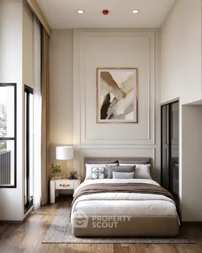 Luxurious bedroom with elegant decor and large windows offering natural light.