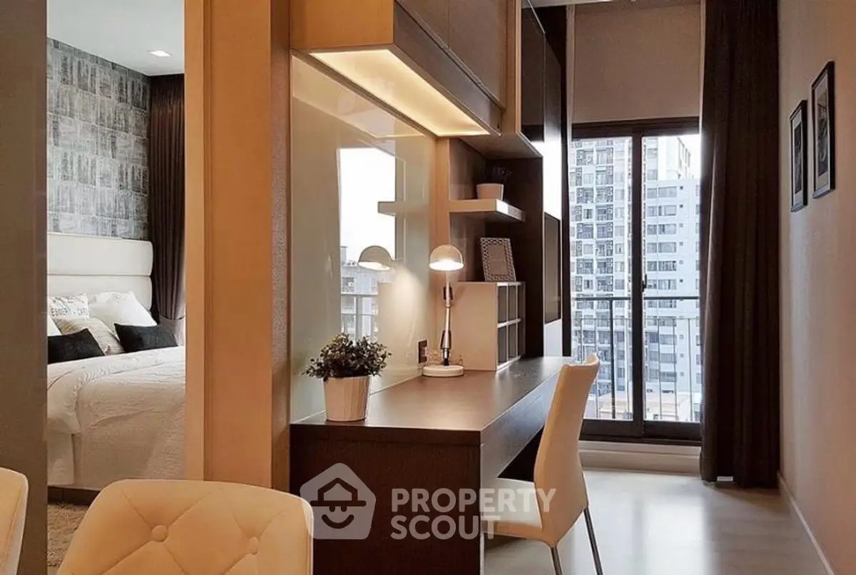 Modern apartment with stylish study area and city view balcony