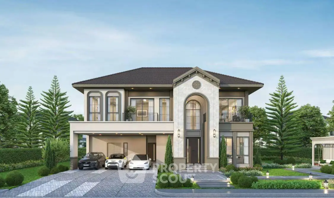 Luxurious two-story house with elegant facade and spacious driveway in serene neighborhood.
