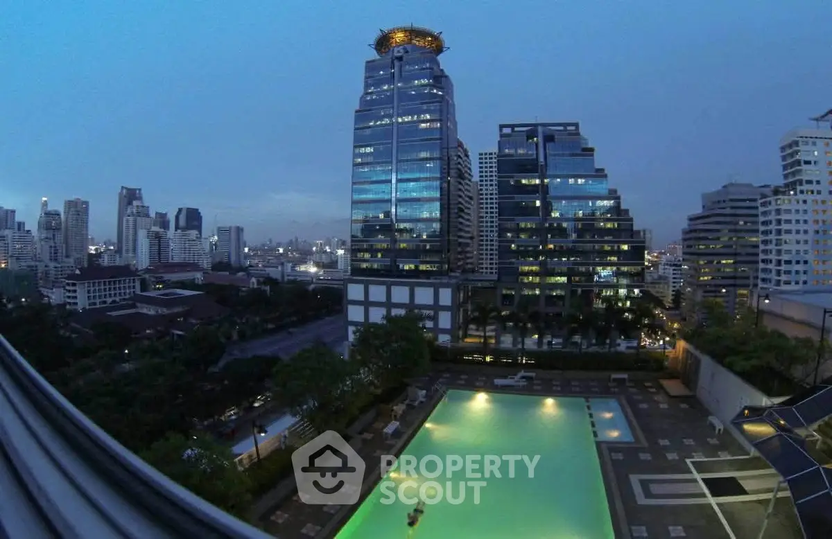 Stunning cityscape view with illuminated pool and modern high-rise buildings at dusk.