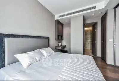 Modern bedroom with sleek design and cozy ambiance in a luxury apartment.
