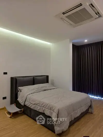 Modern bedroom with sleek design, featuring a cozy bed and elegant lighting, perfect for relaxation.