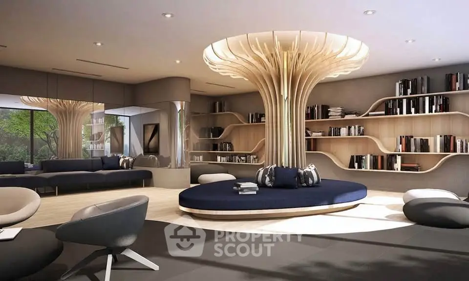 Luxurious modern living room with unique ceiling design and stylish furniture