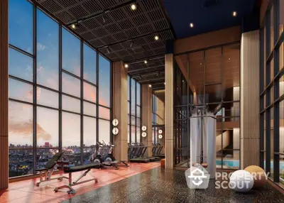 Luxurious high-rise gym with panoramic city views and modern fitness equipment.