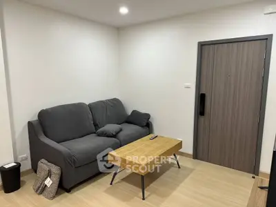 Cozy living room with modern sofa and wooden coffee table