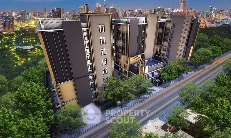 Modern urban apartment building with lush greenery and city skyline view.