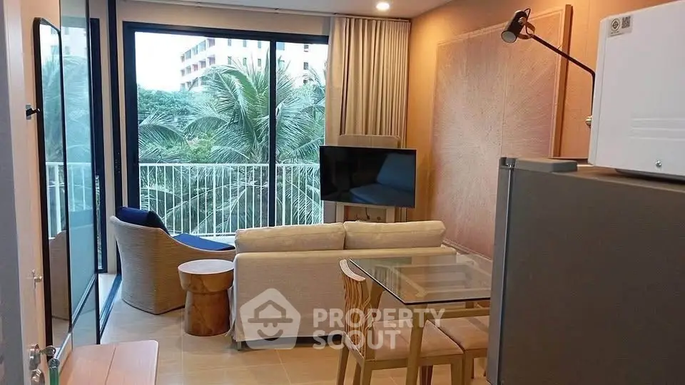 Modern living room with balcony view and stylish furniture