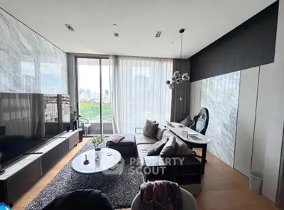 Luxurious modern living room with panoramic city view and elegant decor