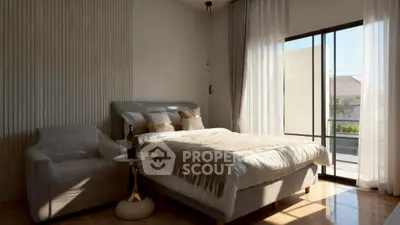 Luxurious bedroom with elegant decor and large window offering natural light.