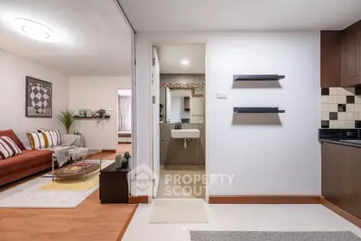 Modern apartment interior with cozy living room and stylish kitchen