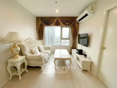 Elegant living room with classic furniture and city view window