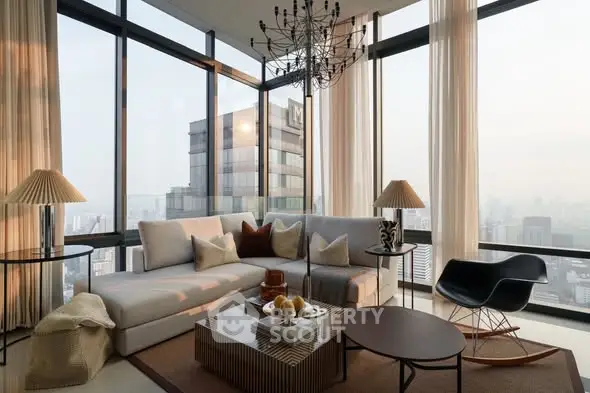 Luxurious modern living room with panoramic city view and elegant decor.