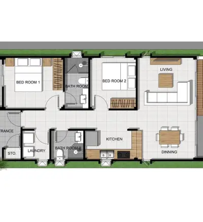 Modern apartment floor plan with two bedrooms, open living and dining area, and kitchen layout.