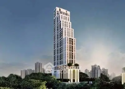 Stunning modern high-rise building with lush greenery and city skyline view.