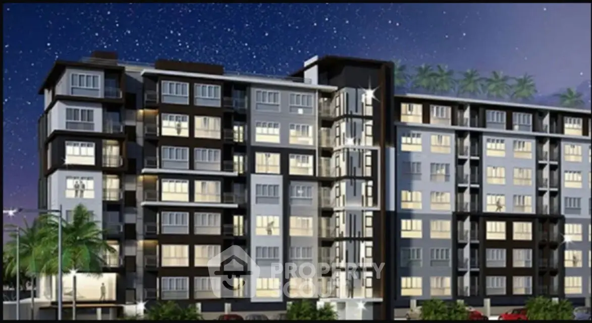 Modern apartment building exterior with night sky backdrop
