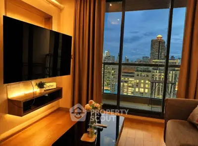 Luxurious living room with stunning city view and modern decor