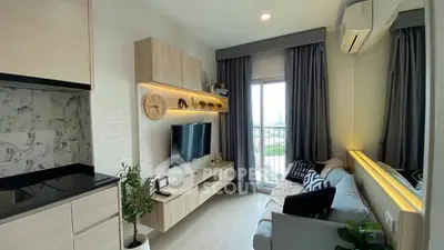 Modern living room with sleek design and city view balcony