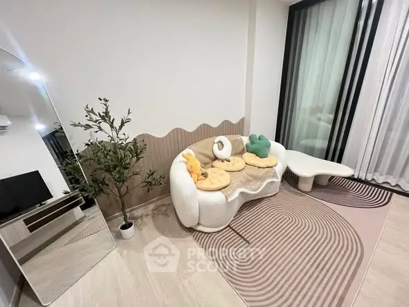 Stylish modern living room with unique sofa and elegant decor